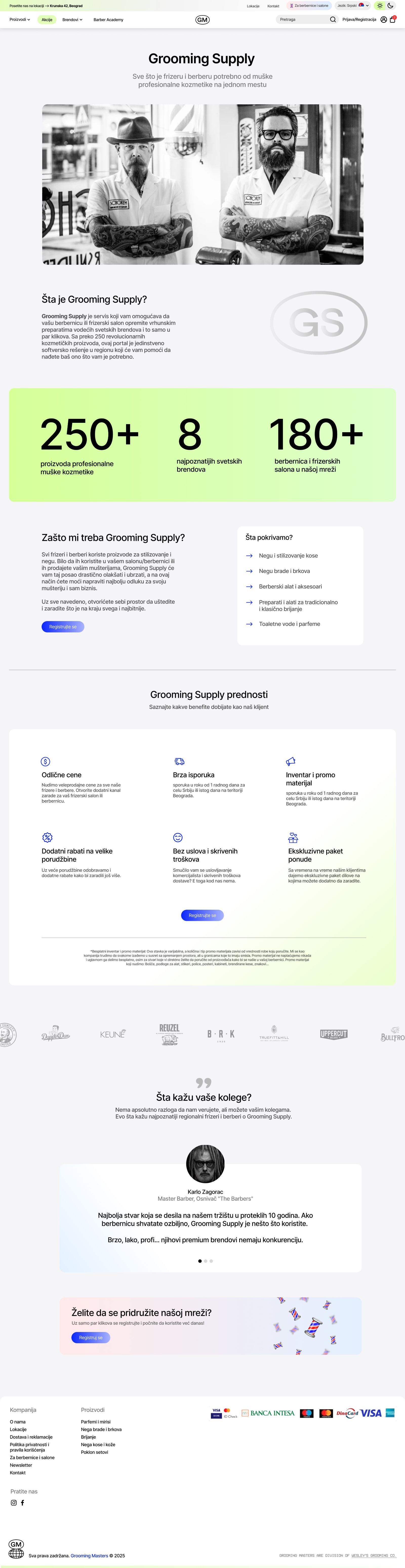Grooming Supply — the full B2B pitch page: hero, network numbers, benefits, and testimonials