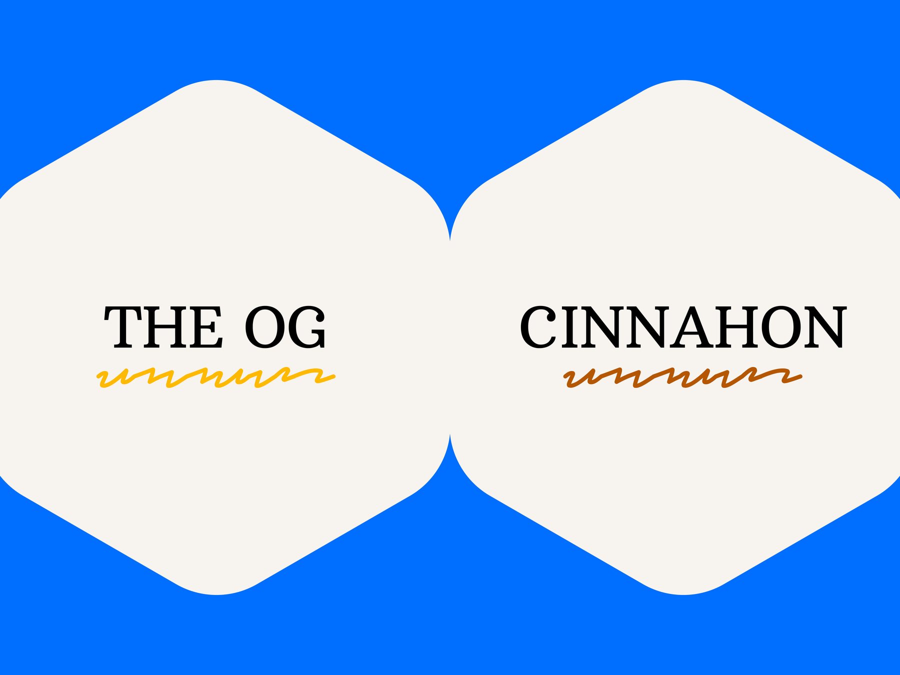 Flavor plates: The OG with a honey squiggle and Cinnahon with a cinnamon squiggle, on hexagonal cream tiles