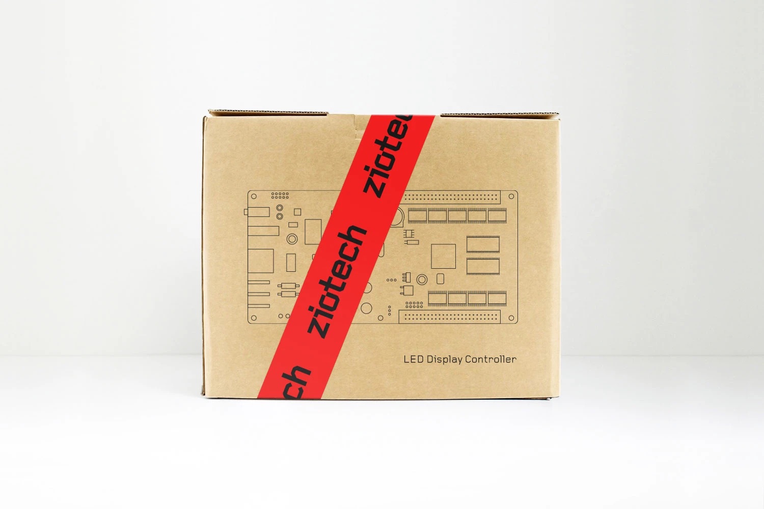 Ziotech product packaging — carton with technical circuit drawing and red brand tape