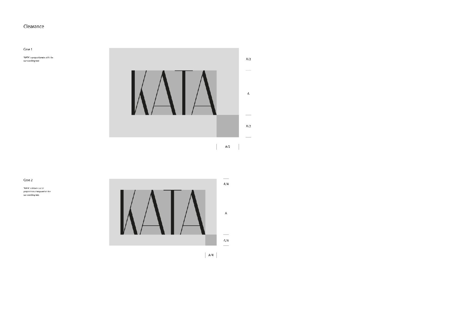 KATA wordmark clearance guidelines — construction cases with A/2 and A/4 spacing measures
