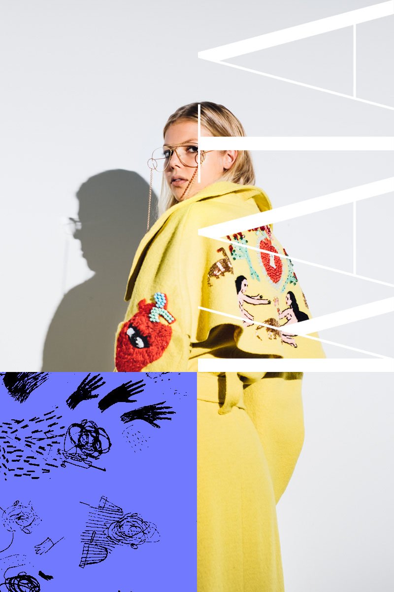 Lookbook — model in a yellow embroidered coat, white thread-line geometry and a periwinkle sketch panel over the frame