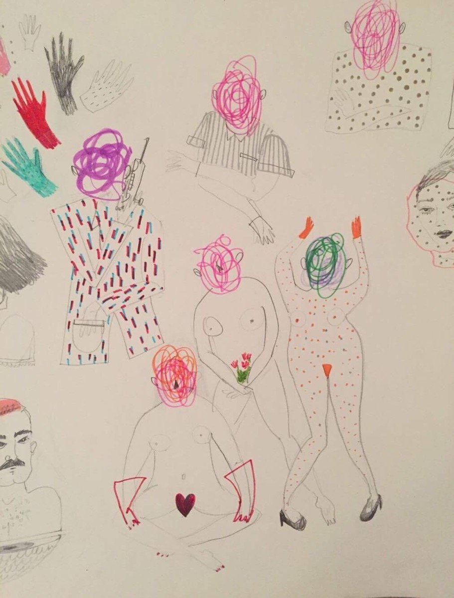 Sketchbook page — figures with scribbled-out faces, glove studies, a patterned suit