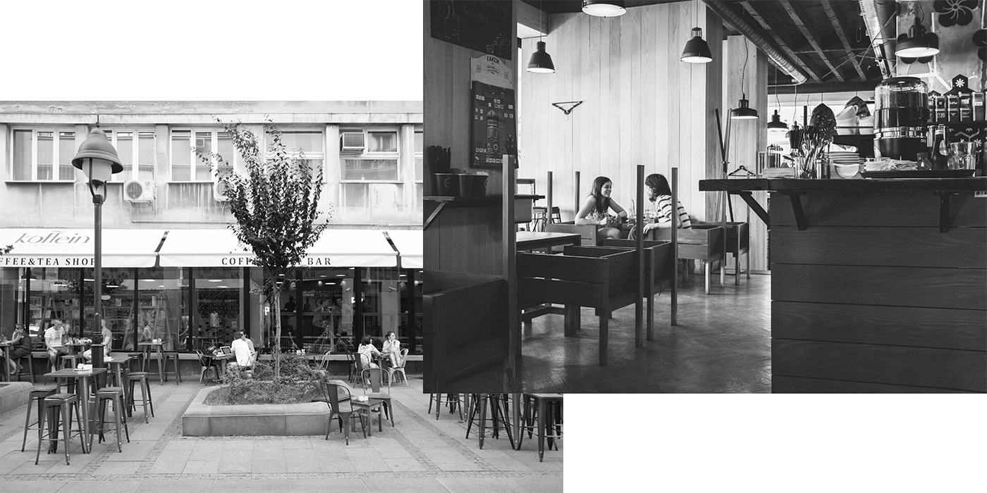 Koffein storefront exterior and wood-clad interior with custom booth seating