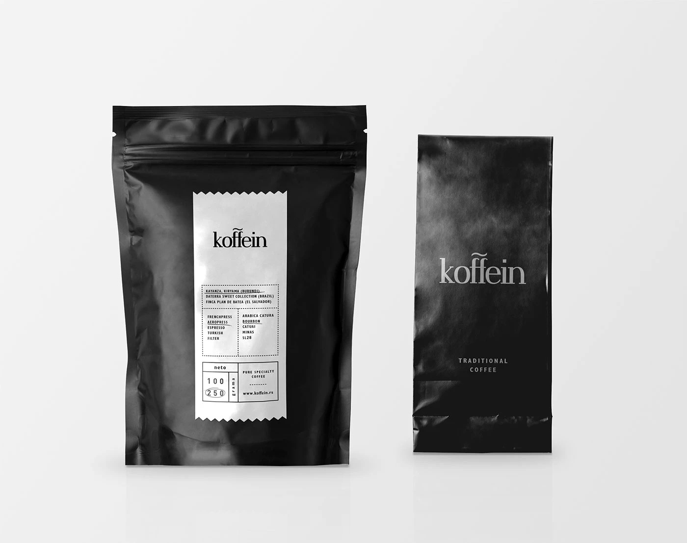 Koffein coffee packaging — black resealable pouch with receipt-style label and black traditional coffee bag
