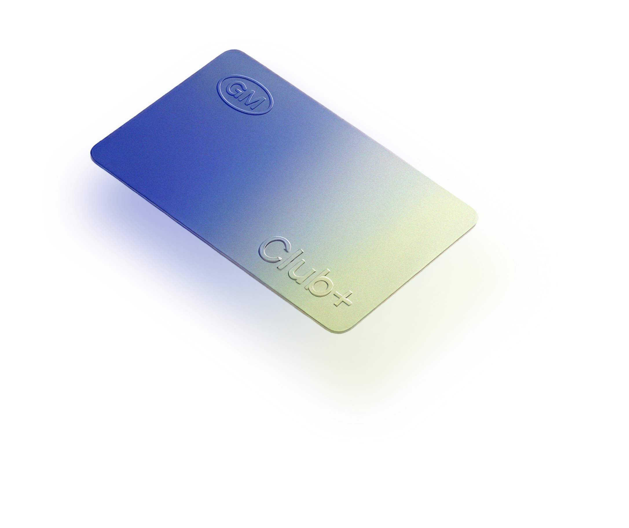 The GM Club+ card — embossed GM seal and Club+ wordmark on a blue-to-chartreuse gradient