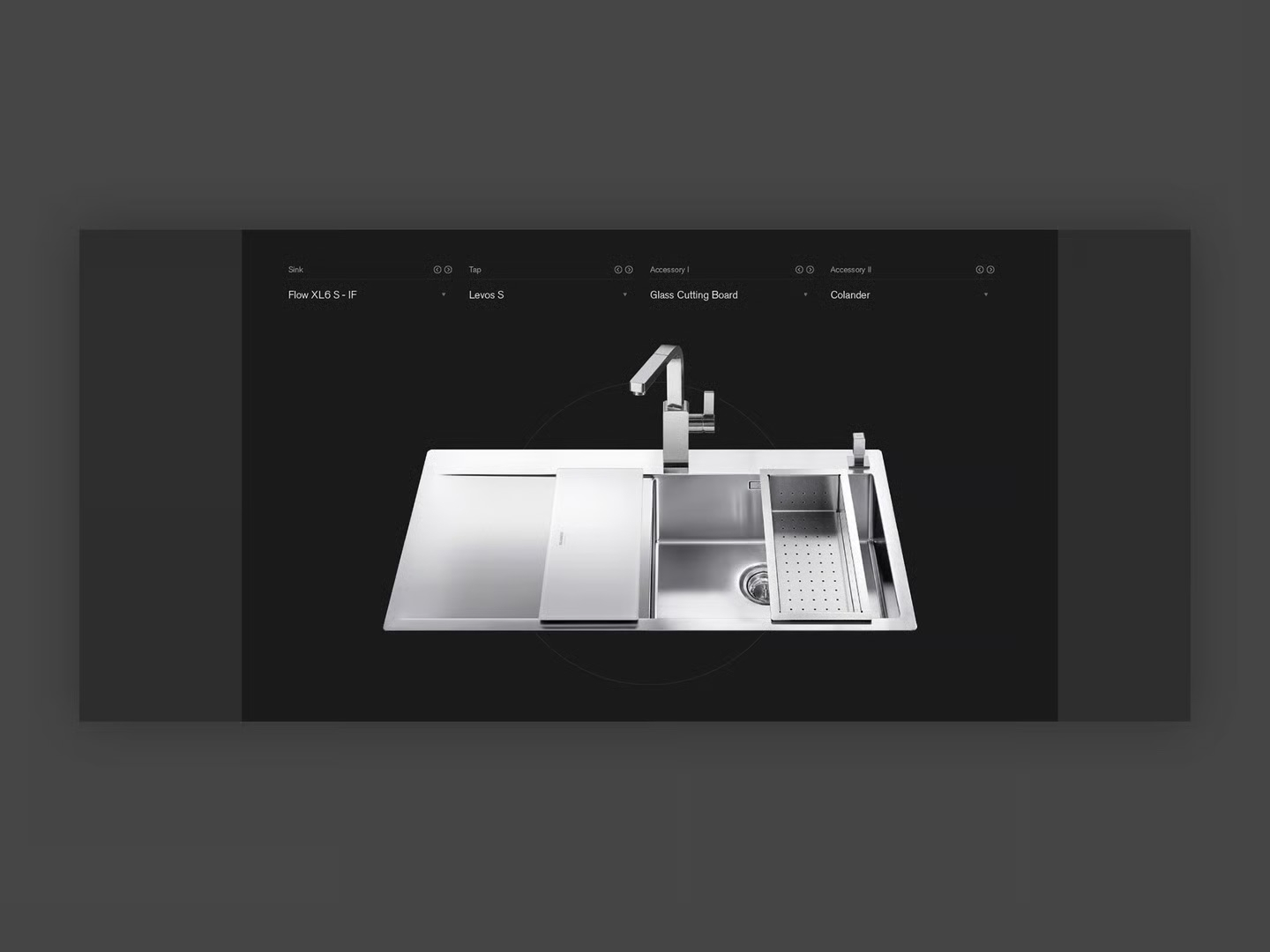 The SteelArt configurator: dropdowns for sink, tap and two accessories above a top-down live view of a Flow XL6 S-IF sink wearing a Levos S tap, glass cutting board and colander