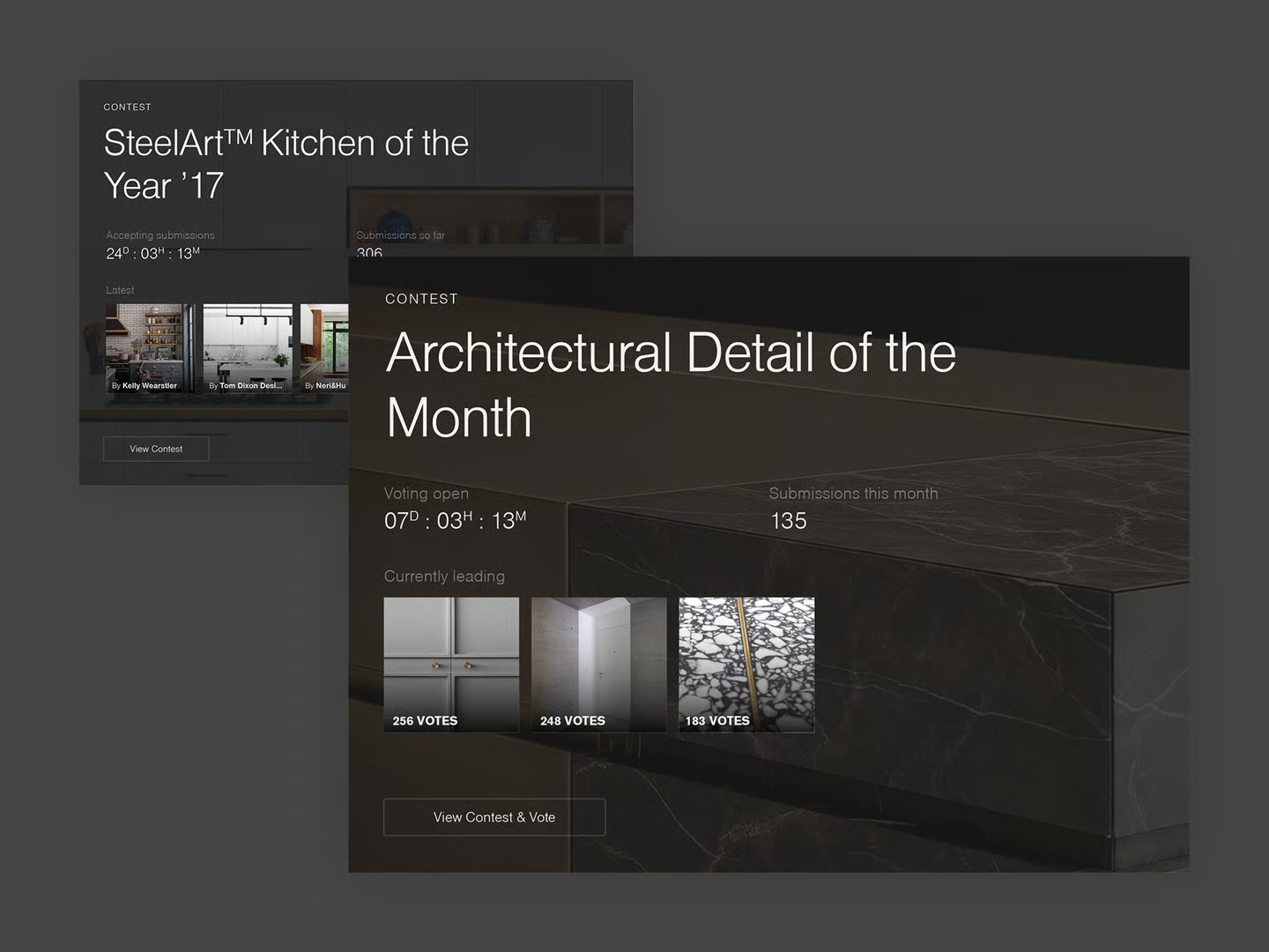 Two contest cards from the SteelArt concept: 'SteelArt Kitchen of the Year 17' accepting submissions with a countdown, and 'Architectural Detail of the Month' with open voting, submission counts and the currently leading entries