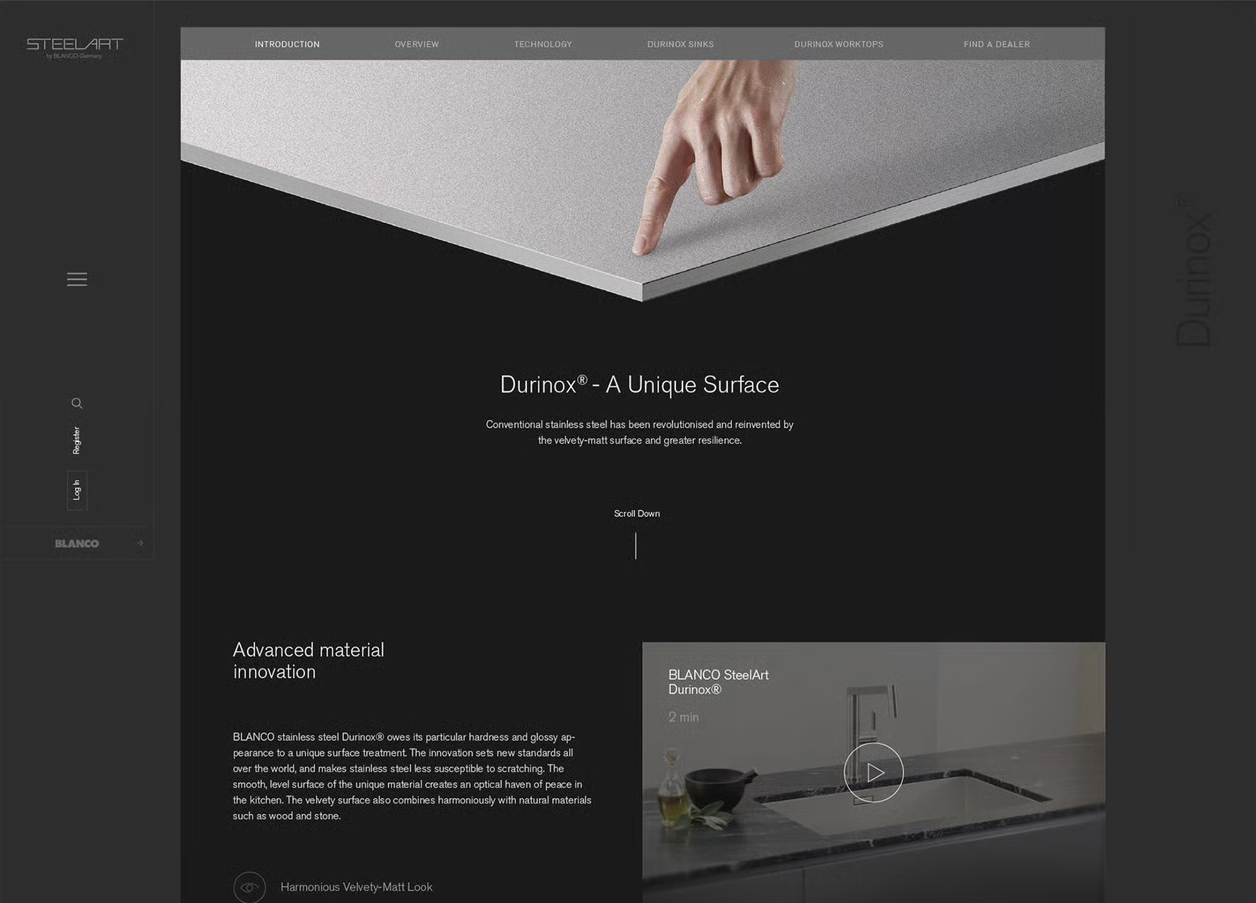 SteelArt website concept, Durinox technology page: a fingertip touching the corner of a velvet-matt steel slab above the headline 'Durinox — A Unique Surface', with an advanced material innovation section and embedded film below