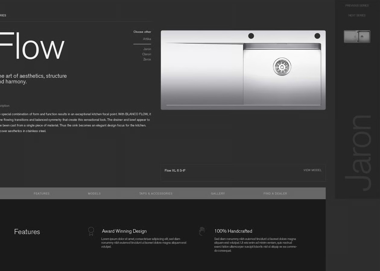 Flow series page from the SteelArt concept: 'the art of aesthetics, structure and harmony' beside a top-down product photo of the Flow XL 6 S-IF sink, with the next series, Jaron, teased on a vertical rail