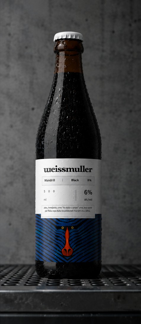 Weissmuller Mandrill bottle centered on a steel grate, full label visible: wordmark, category tag, volume and ABV, body copy, and the cropped mark