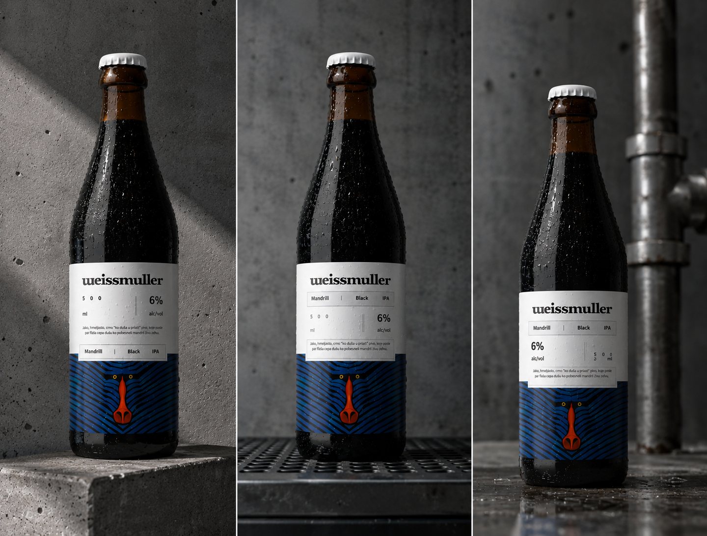 Triptych of production Weissmuller Mandrill bottles: three 500ml bottles dressed in condensation, photographed against raw concrete, a steel grate and an exposed steel pipe, each wearing the full label with wordmark, stat pair and the cropped mark band