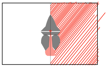 Construction study: the reduced mandrill silhouette overlaid with a diagonal red hatch pattern defining the construction zone and growth direction for the stripe field