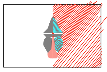 Line test: the mandrill silhouette with cyan hand-inked chevron stripe pattern tested on one half against the red construction hatch on the other