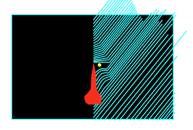 Two-tone lock: refined mandrill mark with solid black on one half and cyan hand-inked stripe field on the other, orange nose and single eye placed